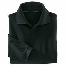 Noir Schwarzes Pima Interlock Poloshirt, liegend auf einem weißen Hintergrund.