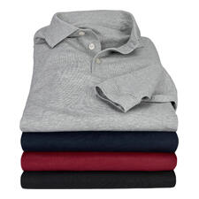 Polo en interlock de coton Pima - Un luxe à petit prix. Le polo à manches longues en coton Pima péruvien récolté à la main (!). Gestapelte Pima-Interlock-Polos in verschiedenen Farben: grau und navy.