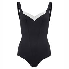 Der Schlankmacher - Der Klassiker mit Microforming®: formt Ihre Figur, ohne zu zwicken. Schwarzer Badeanzug mit weißem Detail an der Vorderseite auf weißem Hintergrund.