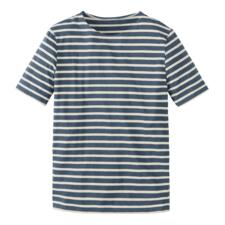 Manches courtes, Jean/Écru Gestreiftes T-Shirt in Jeansfarben und Ecru auf weißem Hintergrund.