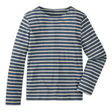 Manches longues, Jean/Écru Gestreiftes Langarmshirt in Jeansfarben und Ecru auf weißem Hintergrund.