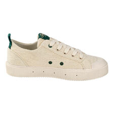 Sanjo Sommer-Tweed-Sneaker Sanjo Sommer-Tweed-Sneaker in hellbeige mit grünen Details, seitliche Ansicht.