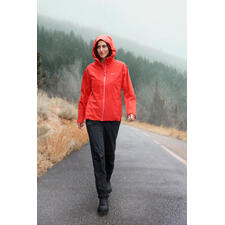 Damen, Jacke und Hose Dame in roter Hardshell-Jacke auf nasser Straße in einer bewaldeten Umgebung.