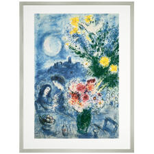 Marc Chagall – Abenderinnerung 1959 - Standort des Originals: unbekannt. Preis: vermutlich unbezahlbar. Marc Chagalls „Abenderinnerung 1959“: Grosse Kunst zum kleinen Preis für Ihr Zuhause. Masse: 68 x 83 cm. Farbenfrohes Gemälde von Marc Chagall mit Blumen und Figuren.