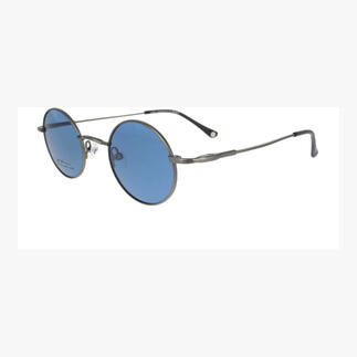Runde John Lennon Sonnenbrille mit blauen Gläsern und silbernem Gestell.