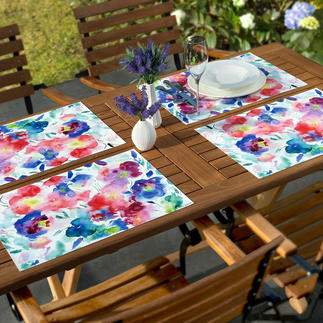 Aquarell-Tischsets, 6er-Set Kunstvoll wie Aquarell: Tischsets mit trendigen Blumenmotiven. Dauerhaft schön und robust, eine Freude für jeden Tag.