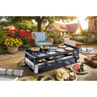 Solis 5-in-1-Raclettegrill auf einer Terasse, umgeben von Pflanzen und Tischen.