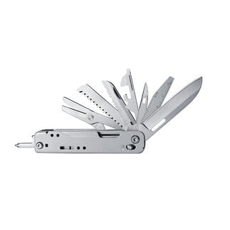 Kompaktes Multitool 12-in-1 mit verschiedenen Werkzeugen ausgeklappt.