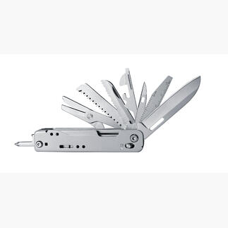 Kompaktes Multitool 12-in-1 mit verschiedenen Werkzeugen ausgeklappt.
