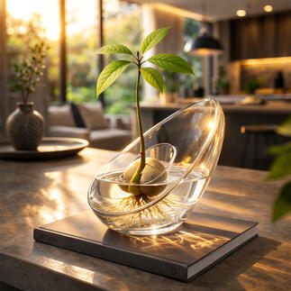 Avocado Vase mit Pflanze und Wurzeln in klarem Wasser auf einem Tisch.