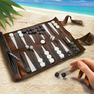 Reise-Backgammon Aus weichem Veloursleder. Handliche Rolle im Taschenschirm-Format.