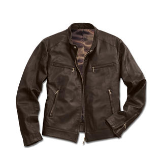 Braune 800 Gramm Rentier-Lederjacke auf weißem Hintergrund.