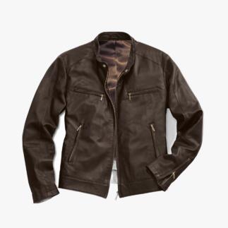 Braune 800 Gramm Rentier-Lederjacke auf weißem Hintergrund.