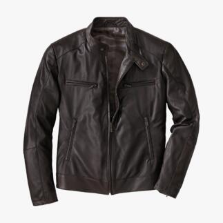 Braune 800 Gramm Rentier-Lederjacke auf weißem Hintergrund.