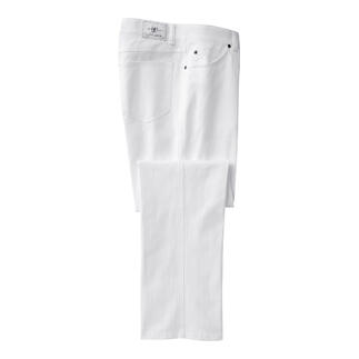 Weiße T400 Jeans mit abgenähtem Bein auf einem weißen Hintergrund