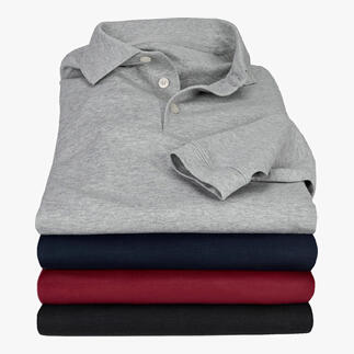 Gestapelte Pima-Interlock-Polos in verschiedenen Farben: grau und navy.