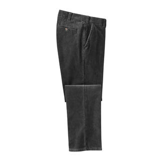 Schwarze Feincordhose, frontal, mit seitlicher und oberer Ansicht.