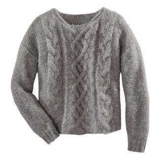 Grau-einfarbiger Alpaka-Grobstrickpullover mit Zopfmuster