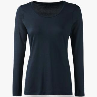 Marineblaues Langarm-Rundhalsshirt, Vorderansicht.