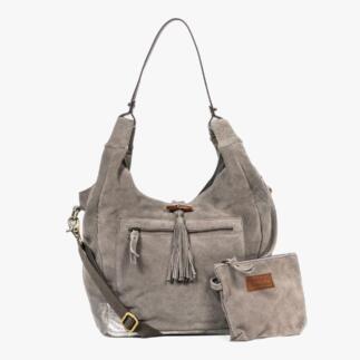 Anokhi Beuteltasche in Grau mit Fransen und Seitentasche.