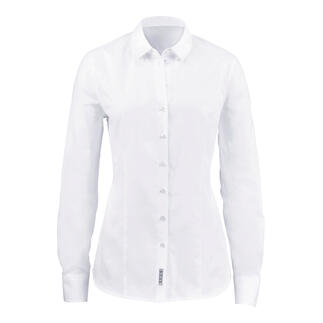 Vorderansicht einer weißen Oxford-Bluse mit langen Ärmeln.