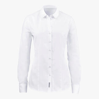 Vorderansicht einer weißen Oxford-Bluse mit langen Ärmeln.