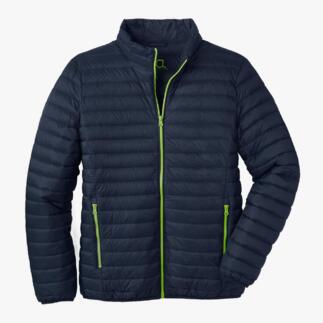 Schwarze Sommerdaunen-Steppjacke mit Reißverschluss und Taschen.