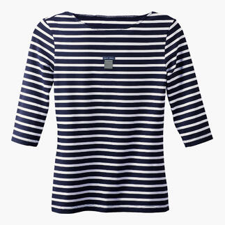 Vorderansicht eines gestreiften Shirts in Navy und Weiß mit Markenetikett.