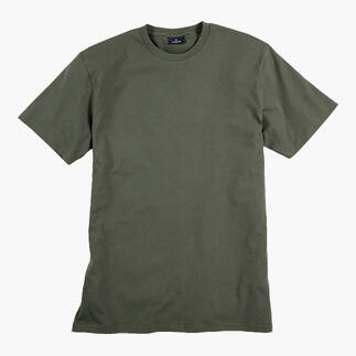 Khakifarbenes T-Shirt für Damen, flach auf einem weißen Hintergrund.