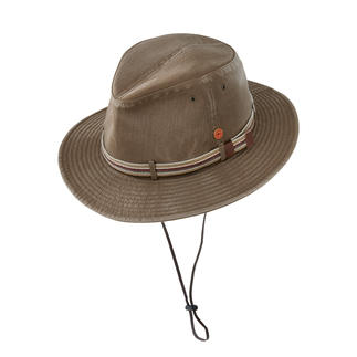 Beige Sonnenhut mit Kordel und schnelltrocknendem Material.