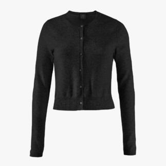 Schwarzer Kurz-Cardigan auf weißem Hintergrund.