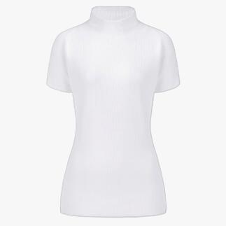 Weißer Kurzarm-Pullover, Gr. 36, mit Stehkragen.