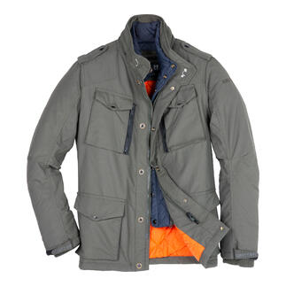 Offene Nylon-Canvas-Fieldjacke mit Reißverschluss und mehreren Taschen.