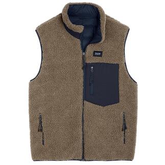 Taion Daunen-Wendeweste in beige, Vorderansicht, mit Tasche.