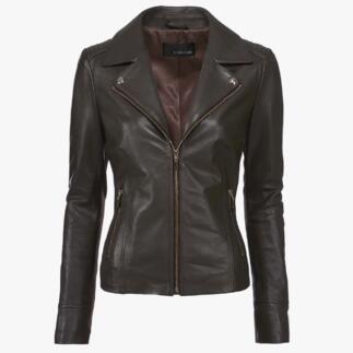 Braune Biker-Lederjacke mit geschlossenem Reißverschluss und steigendem Kragen.