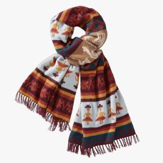 Handgestrickter Alpaka-Schal in Wickelstil, bunten Mustern.