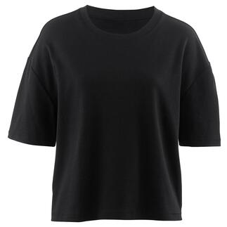 Schwarzes Boxy Interlock-T-Shirt auf weißem Hintergrund.