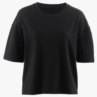 Schwarzes Boxy Interlock-T-Shirt auf weißem Hintergrund.