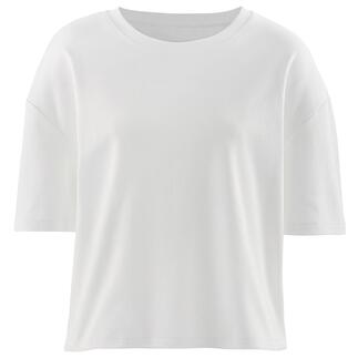 Weißes Boxy Interlock-T-Shirt auf weißem Hintergrund.