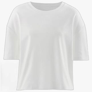 Weißes Boxy Interlock-T-Shirt auf weißem Hintergrund.