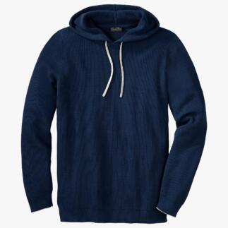 Dunkelblauer Pima-Rippstrick-Hoodie mit Kordelzug.