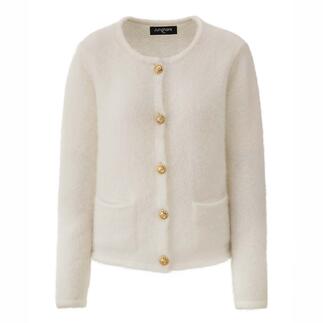 Weiße Mohair-Strickjacke mit Knöpfen und zwei Taschen.