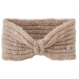 Beige Alpaka-Stirnband mit Knoten auf weißem Hintergrund.