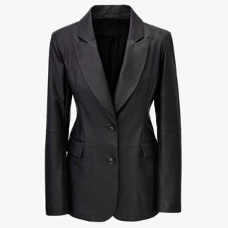 Schwarzer Blazer aus Olivengegerbtem Lammnappa mit zwei Knöpfen.