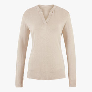 Beige Tunika-Shirt mit V-Ausschnitt und langen Ärmeln.