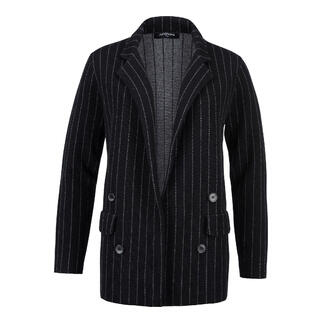 Schwarzer Nadelstreifen-Strickblazer mit Knöpfen.
