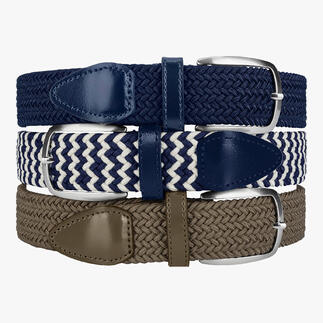 Drei elastische Gürtel in Blau, Beige und Navy mit verschiedenen Metallgürtel