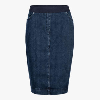 Vorneansicht eines blauen Jeansrocks mit elastischem Bund und schmaler Form.