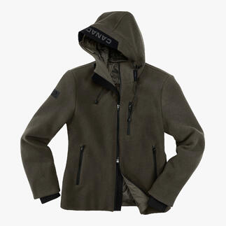 Grüne Woll-Fleecejacke mit Kapuze auf einem weißen Hintergrund.