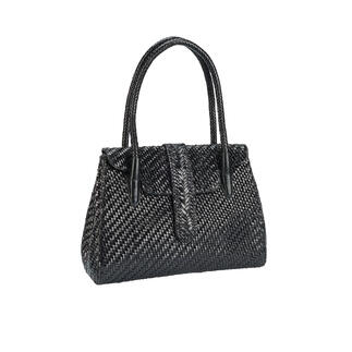 Allan K Flechtleder-Tote Bag in Schwarz, seitlich stehend.